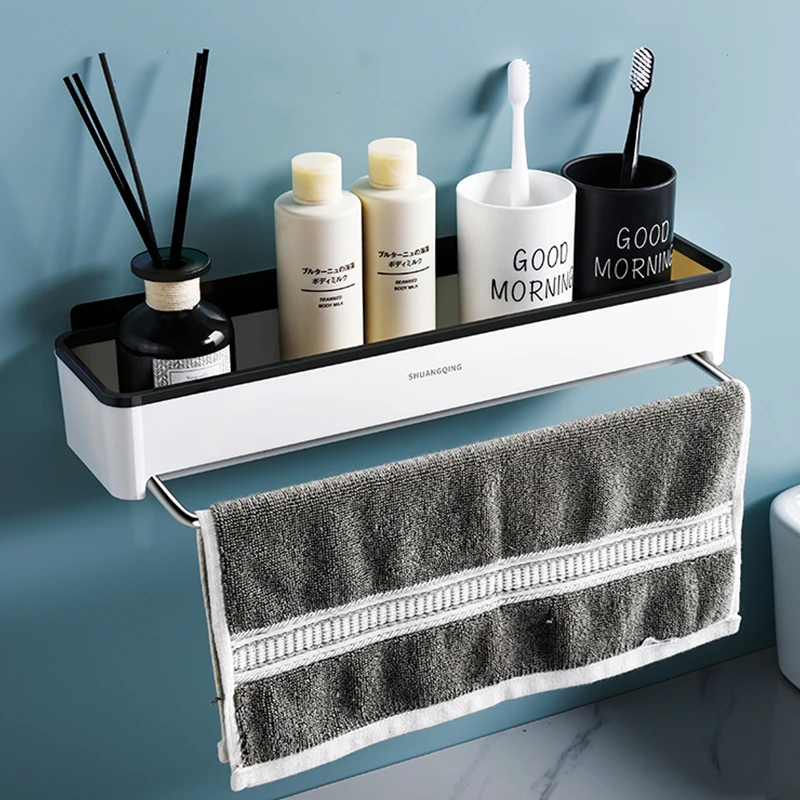 Bathroom Shelf No Drilling Plastic  Organiser Telescopic Towel Rack Shower Shelf Caddy Wall Mounted Adhesive