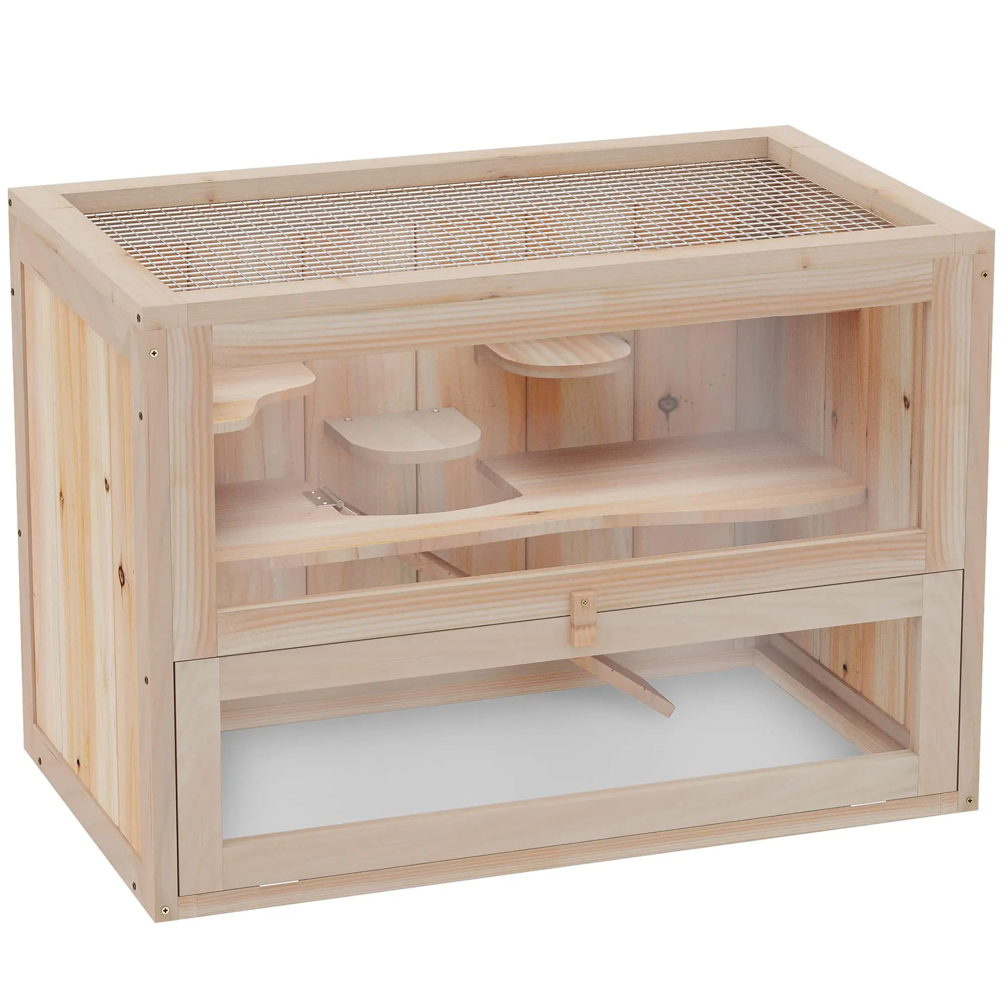 Chinchilla Cage Hutch Wood Hamster Cage Chilochilo Wooden for Dwarf Hamster 2-tiers with Shelf and Ladder Natural Pet House