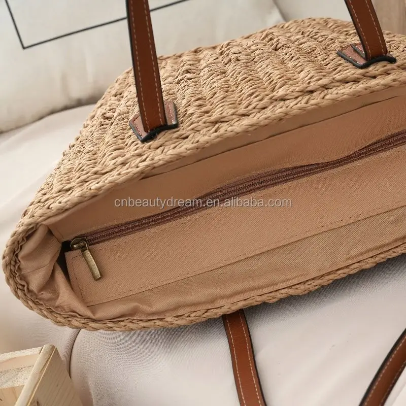 Hot fashion handmade crocheted brown paper straw backpack with cotton rope straps