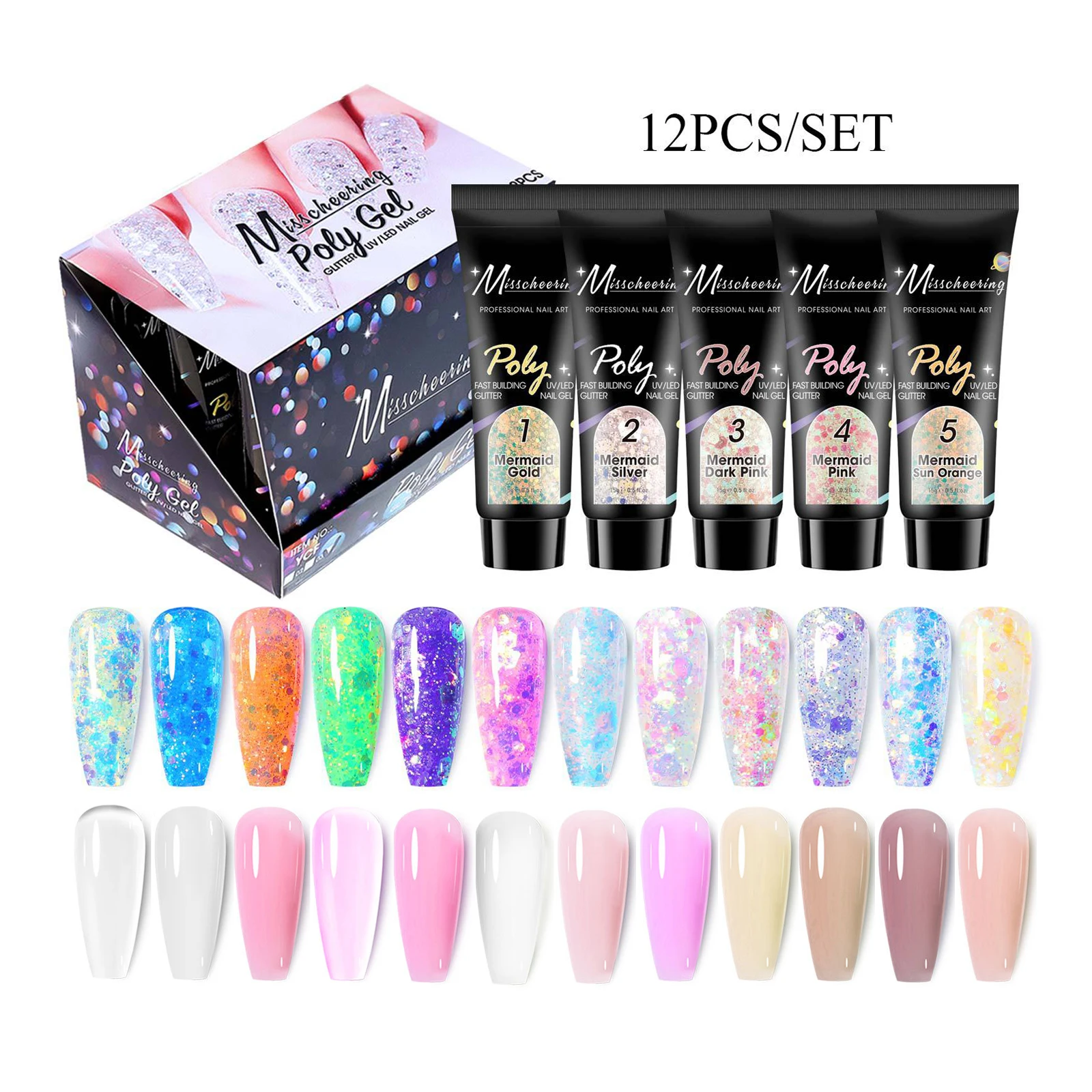 12 Colors/Set Shimmer Sparkly Glitter Poly nail gel Sets in Box Fluorescent Glow in Dark Summer Nail Extension Gel Kits