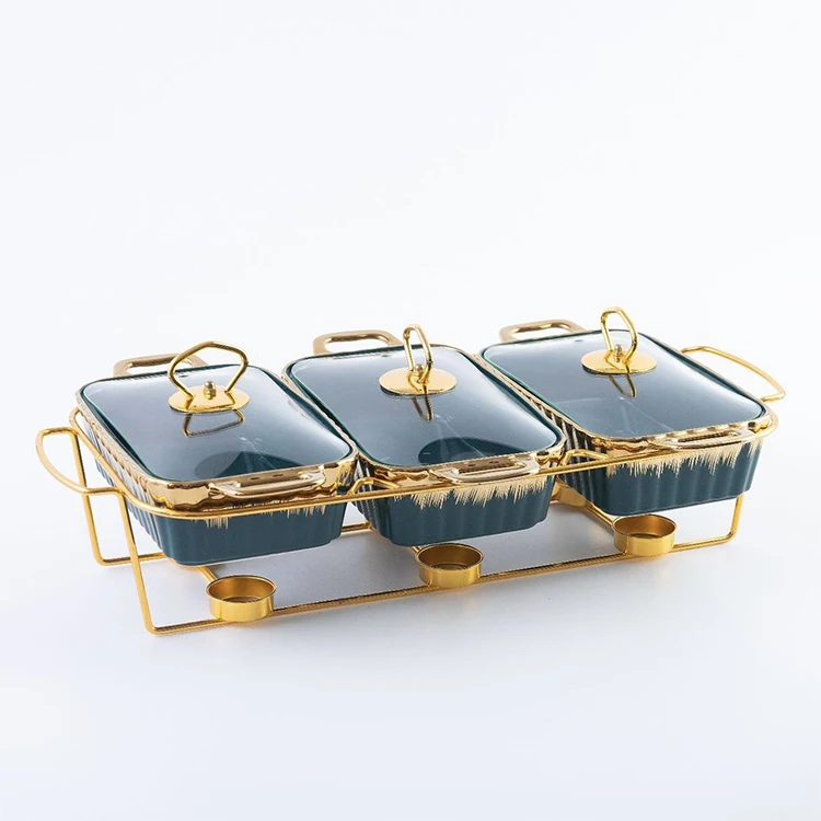 Wedding Party White Green Porcelain Food Warmer Hot Pot Luxury Ceramic Soup Food Casserole Dish Set of 3 with Glass Lid