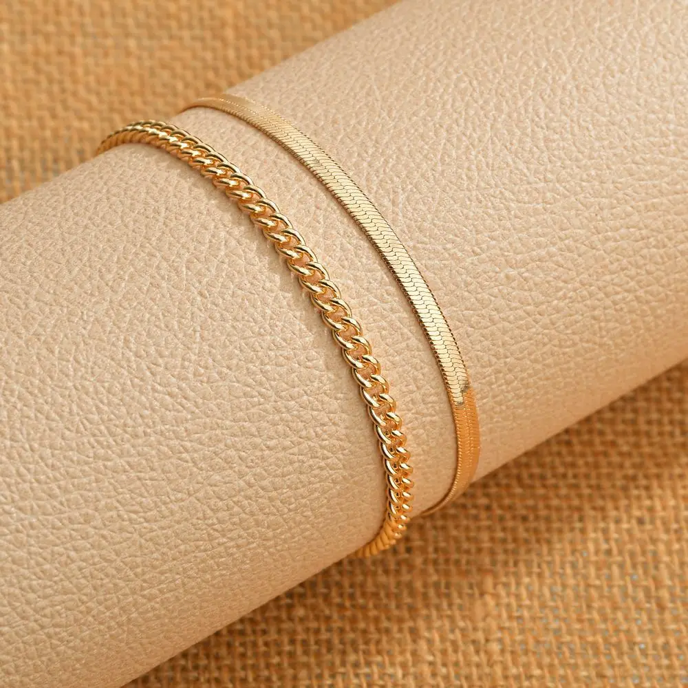 14k gold flat snake chain and cube chain stainless steel anklet set for girls