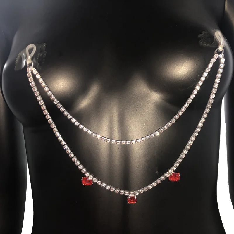  Luxury Red Crystal Rhinestone Nipple Rings Bra Chain Body Jewelry Sexy for Women Bikini Beach Dance