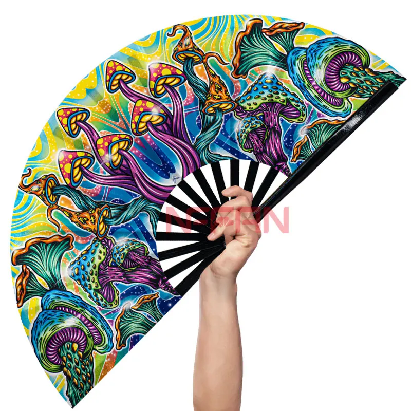 High Quality Custom Printed Large Clack Rave Festivals Folding Hand Held Fan