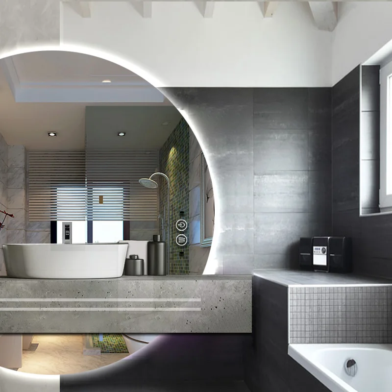 Semicircle half round hotel art mirror LED decorative intelligent wall mirror with lamp illuminative lighting mirror