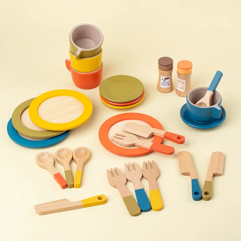 Montessori Kitchen Accessories Wooden Simulation Cake Toy Afternoon Tea Set for Kids Pretend Play