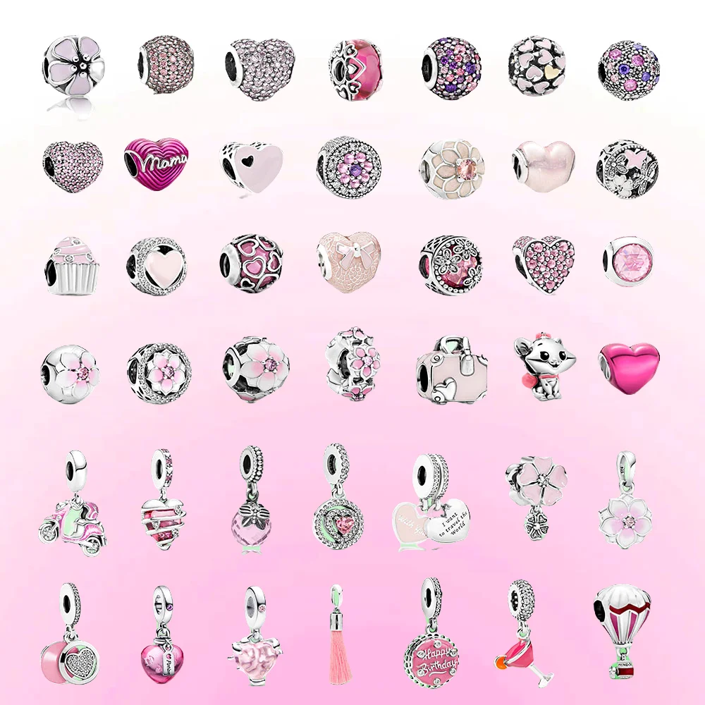 925 Sterling Silver Pink Series Charm Bead Hot Sale Pendant Jewelry Fit Original Pan Bracelet/Necklace Clip Murano Glass
