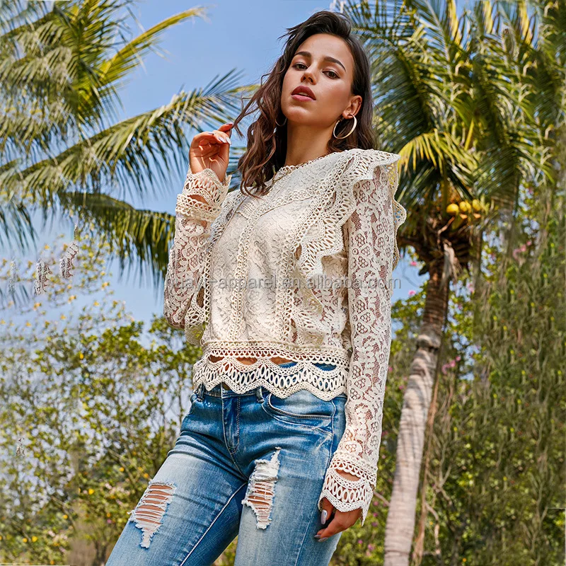 hollow out white lace organza ruffles mesh woman tops fashionable blouses summer