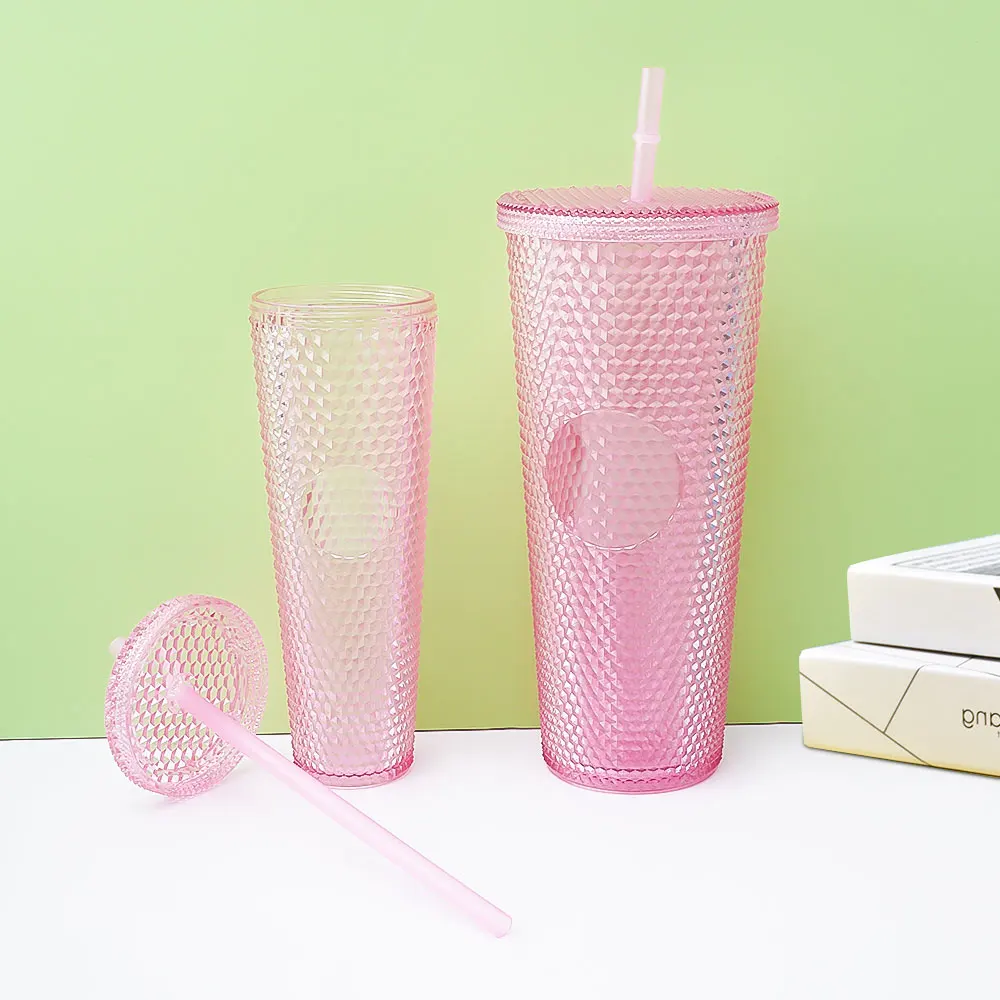 RTS  Colorful Double-Layer Durian Straw Tumbler Modern Design Diamond Glitter Plastic Coffee Cup Set for Parties