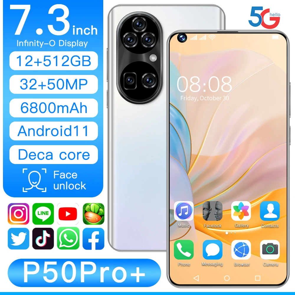  2021New Горячий Модный чехол для телефона с изображением P50 Pro + 12 Гб 512 ГБ Android сотовый телефон Dual SIM мобильный смарт-телефонов 7 3 дюймов
