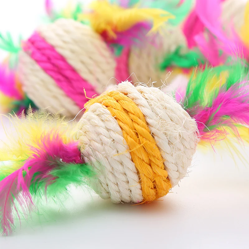 Wholesale Colorful Interactive Cat Toy Scratching Sisal Cat Ball Toy Natural Cat Scratcher Toy With Feather