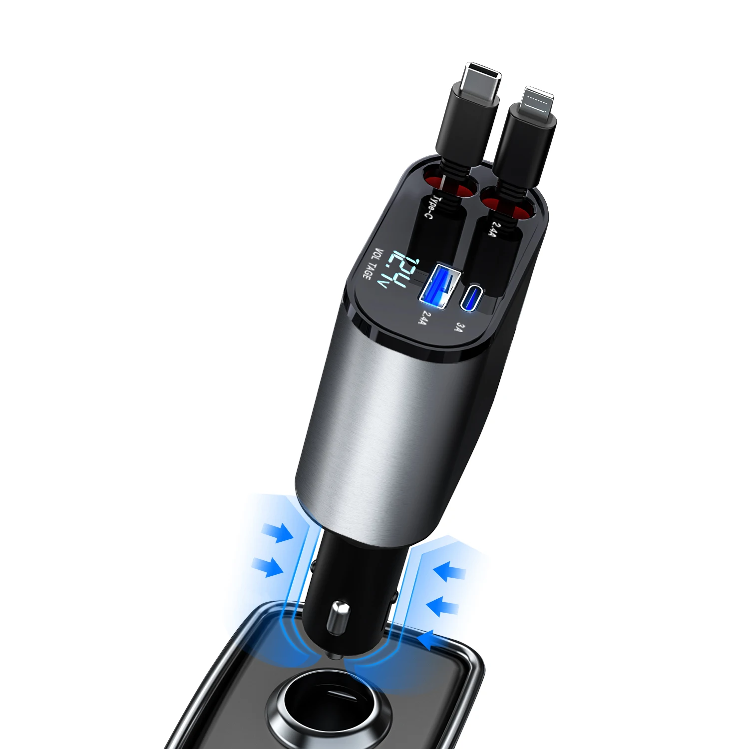 HY 2024 New 100W Fast Quick Charging Cable Storage Led Digital Display Adapter 2 Port Type C Pd Car Station Charger