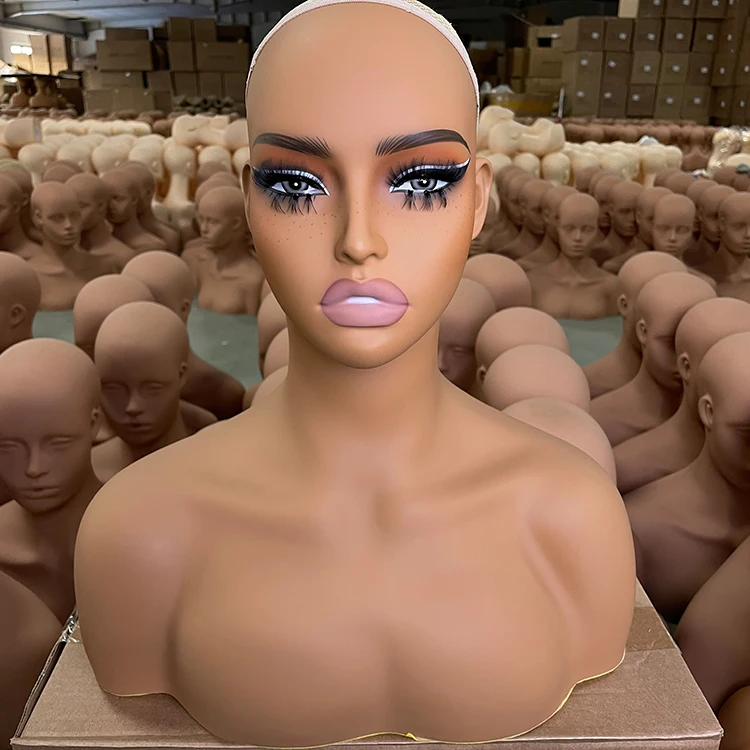 HUAYANG Wholesale High Quality PVC Glam Black Realistic Female African American Wig Mannequin Head With Shoulder