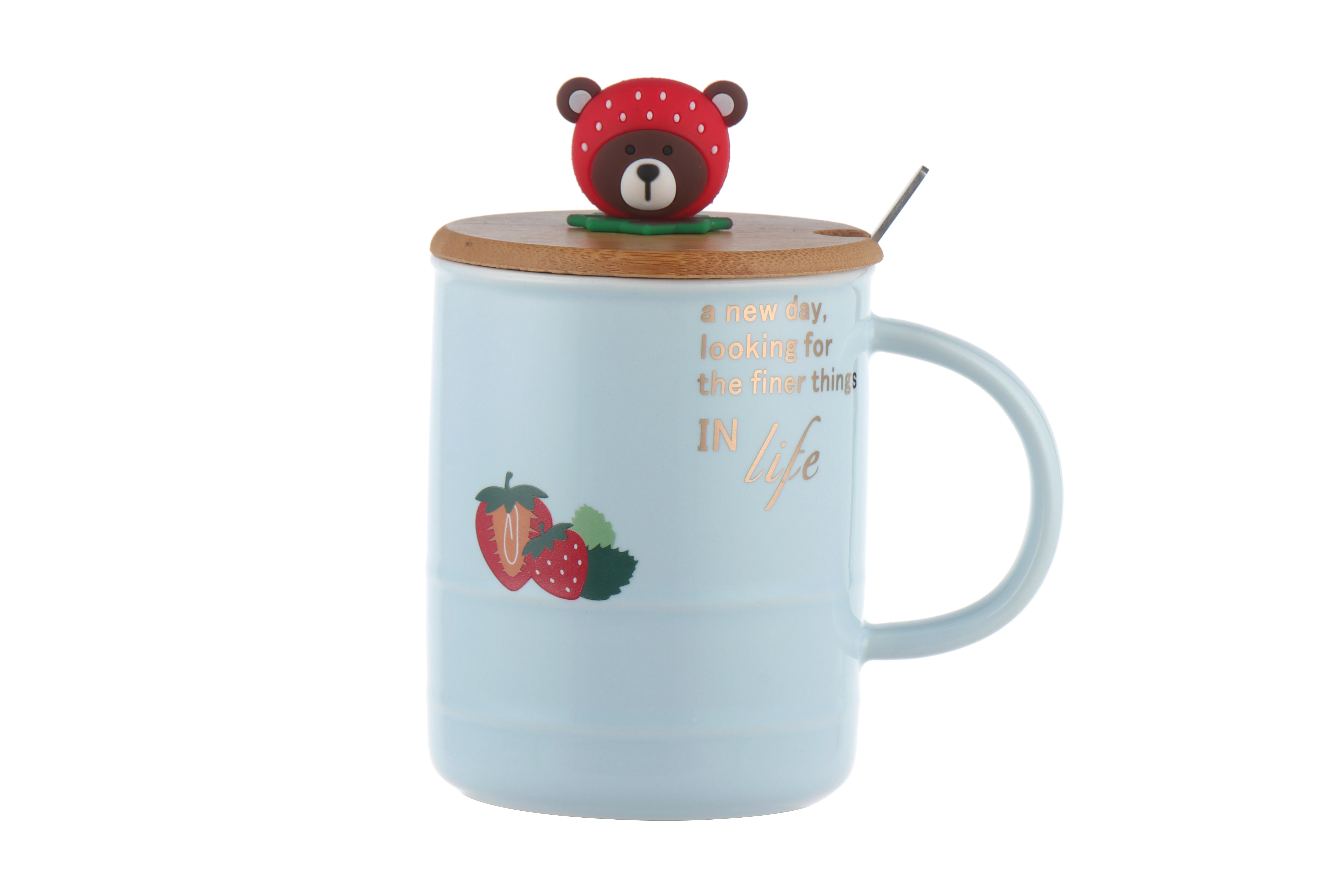 New Design Pink Strawberry Tall Glazed 500ml Pink Ceramic Coffee Cup and Mug for Drinking with Lid and Spoon Ceramic Coffee Mugs