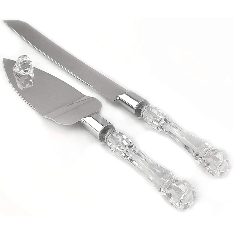 Hight quality Elegant lace crystal handle cake shovel cutter silver stainless steel wedding cake knife and server set