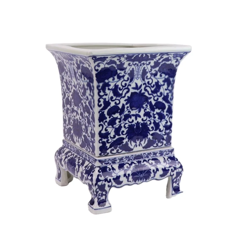 RYJF79-A Blue and white twsitted lotus pattern ceramic flower pots high foot garden planters