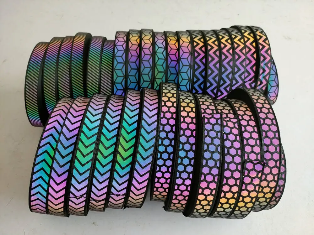 hi-vis 20mm 25mm custom logo pattern tape iridescent reflective ribbon iron rainbow colorful pet dog leash night collar webbing