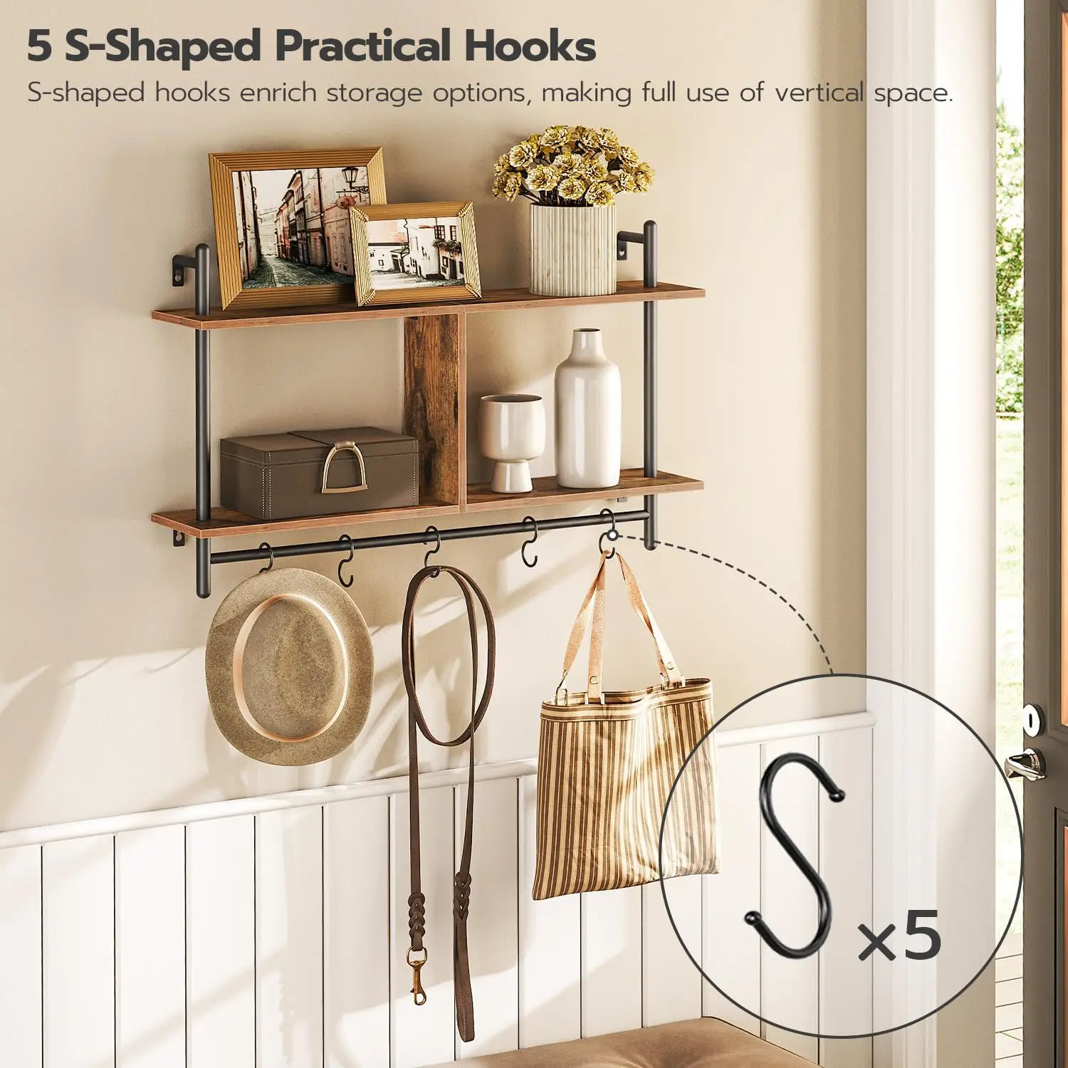 Zhongou Customized Floating Shelves Wooden 2-Tier Storage Wall Shelf Storage Rack with Hanging Rod for Living Room