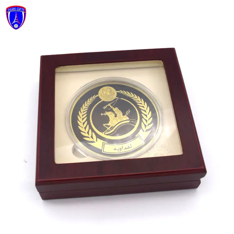 Wholesale high quality coins Saudi Arabia Qatar challenge coin gold plated hydraulic pressure coin with solid wood box