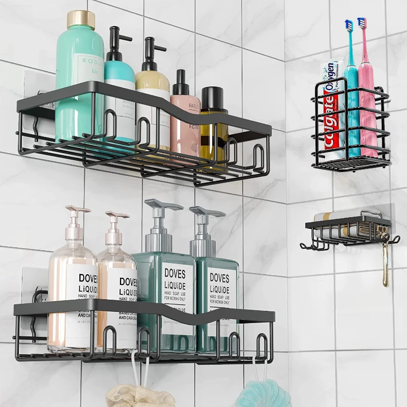 Bathroom Double Shelves Wall Mounted Self Adhesive Kitchen Corner Racks Shower Caddy Corner Storage Shelf