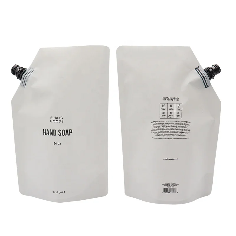 Wholesale Custom 34oz White Travel Hand Liquid Detergent Shampoo Water Packaging Bag For Soap Refillable Plastic Spout Pouch