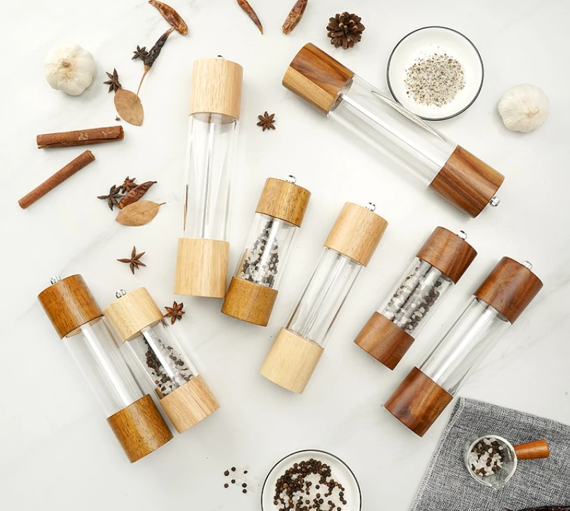 Home Manual 6in 8in Wooden Acrylic Pepper Mill Refillable Pink Himalayan & Coarse Sea Salt Grinder Made of PC Material