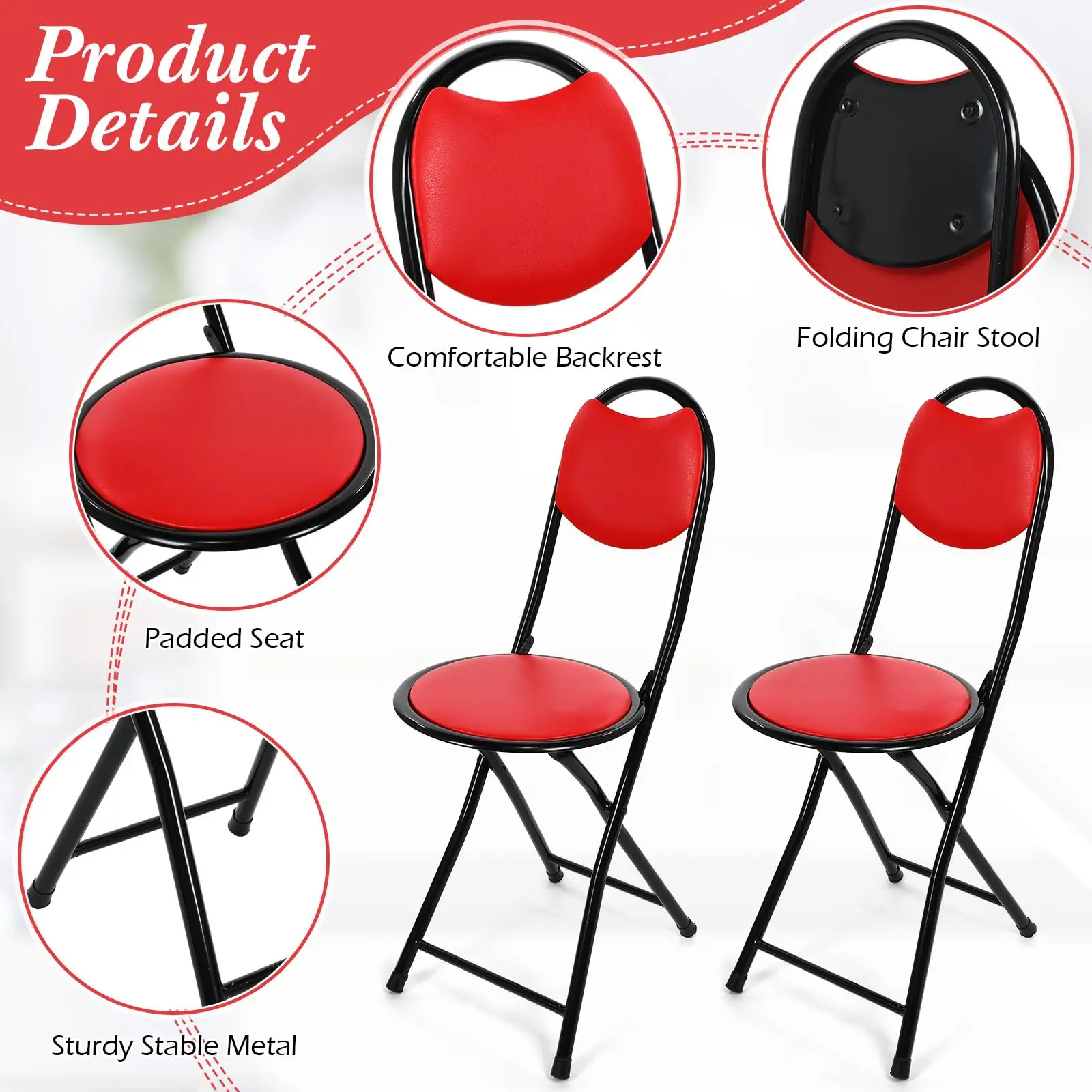 Factory Direct Sale Cheap Folding Bar Stool Cushioned Padded Folding Stool with Back Portable Counter Height Folding Chairs