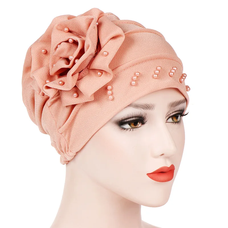 Fashion muslim headwear hair accessories pearls beaded flower turban women hijab cap