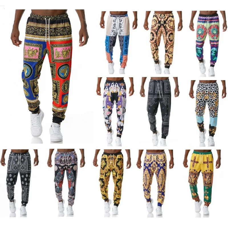 Men Costume Ethnic Style Retro European and American Fashion Printed Jogging Casual Pants Sports Trousers Drawstring Clothing