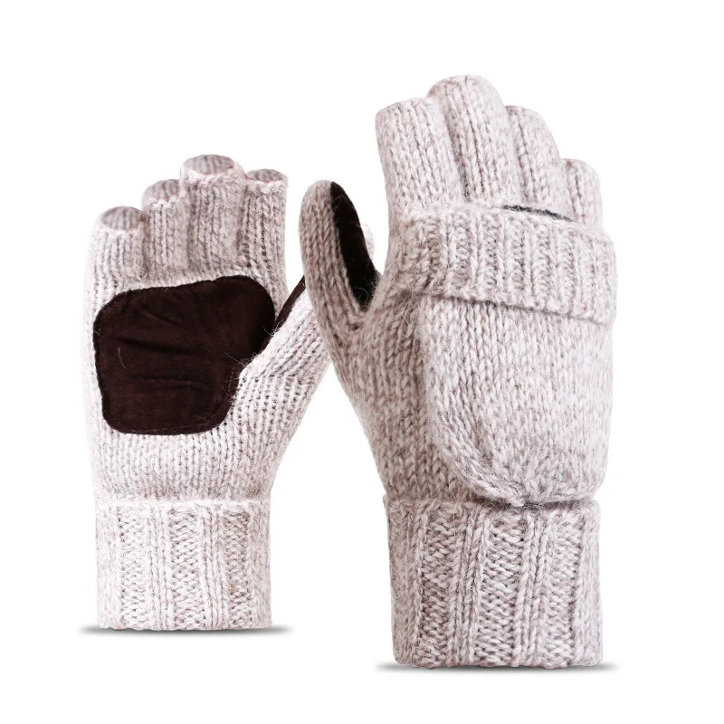 Wholesale Driving Genuine Leather Palm Warmth Half Five Finger Cover Mitten Men Touch Screen Woolen Knitted Winter Gloves