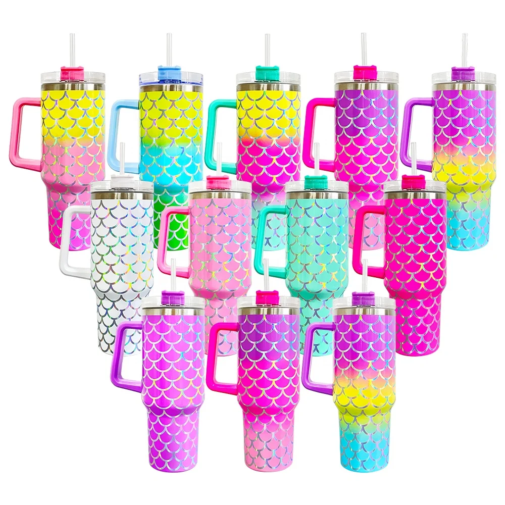 USA warehouse Wholesale 40oz mermaid coffee cups with handle Reusable drinkware Stainless Steel fish scales cup