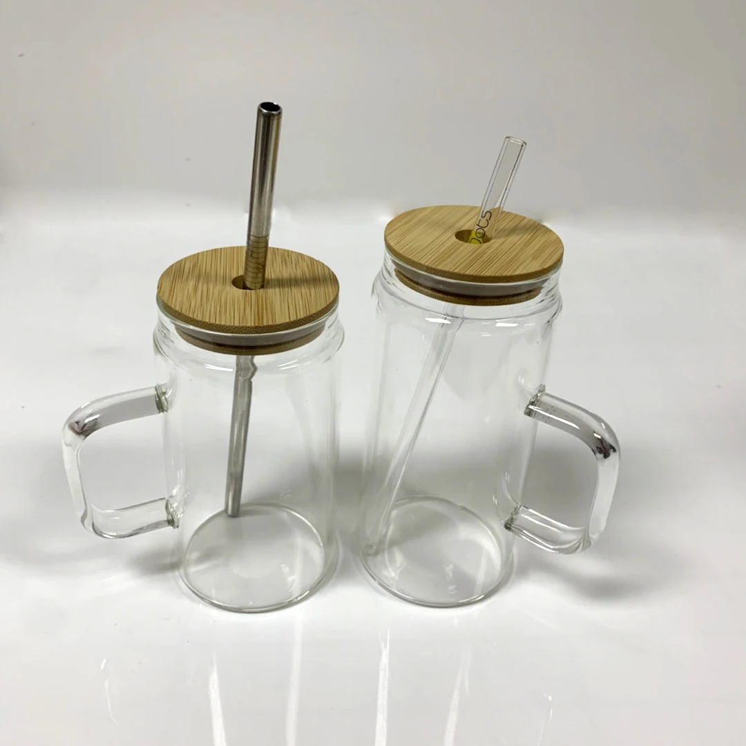 NO MOQ high borosilicate glass sublimating tumbler  with handle 16oz 18oz glass tumblers with bamboo lid straw