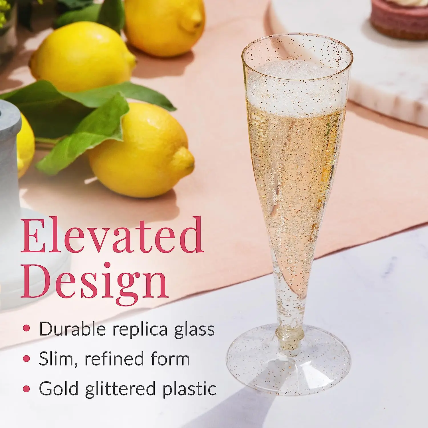 Plastic Disposable Champagne Flute Gold Glitter Plastic Champagne Cups for Parties Mimosa Bar Wedding and Shower