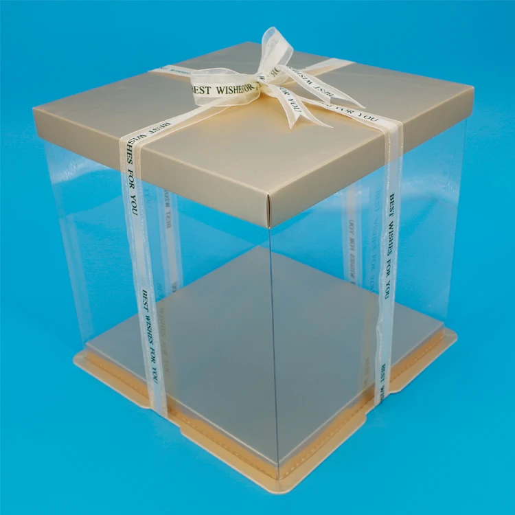 Light Gold Paper Lid Base Clear Border Square Plastic Cake Box with Strong Base No Need Cake Drum Cake Box