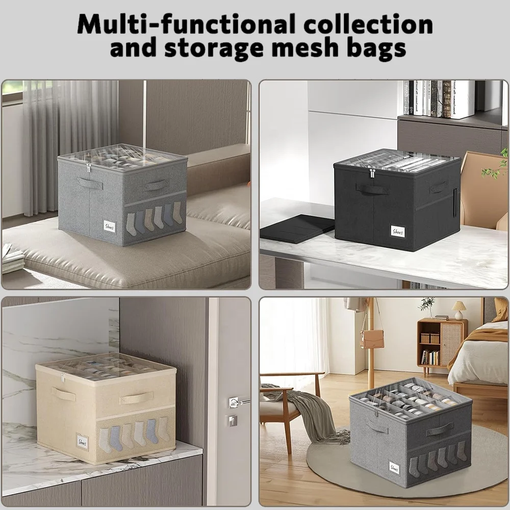 Fabric Shoe Storage Bins Adjustable Dividers Shoe Organizer for Closet with Clear Cover for Shoe Storage