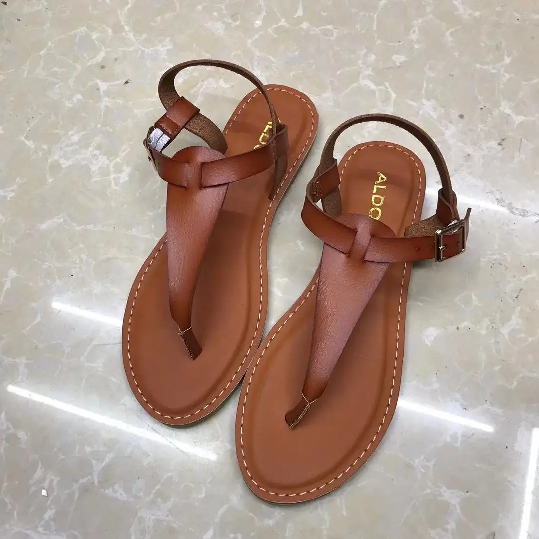 Yongge Beach Leather Slippers Women Sandals Flat T-strap Sandals