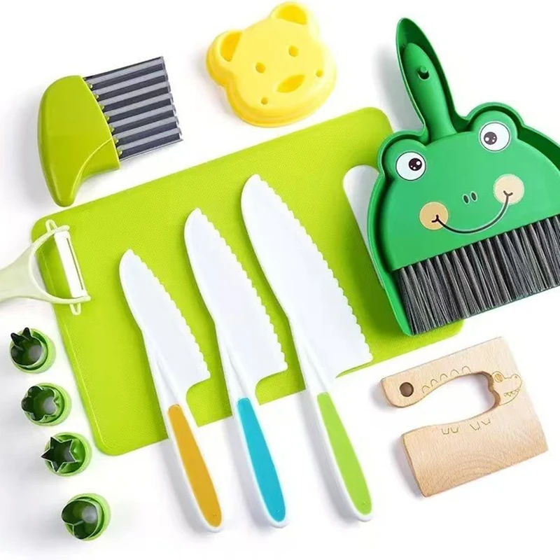 14PCS Kid Montessori Plastic Puzzle Kitchen Toys Toddler Safety Knife Kitchen Sets Real Cooking with Cleaning Tools