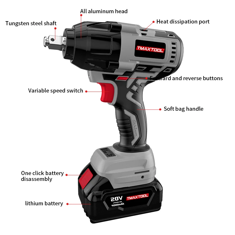 Tmaxtool 650N.m Torque 4000Mah Li-ion Battery Power Tool Cordless Wrenches 21V 1/2Inch Head Impact Wrench