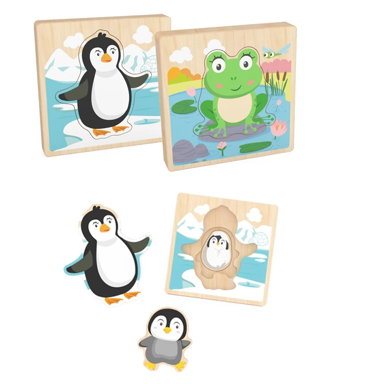 Kids Montessori Wooden Puzzle Jigsaw Toy Hand Grab Board Baby Learning Educational Toys Carton Animal 3d Layers Puzzles