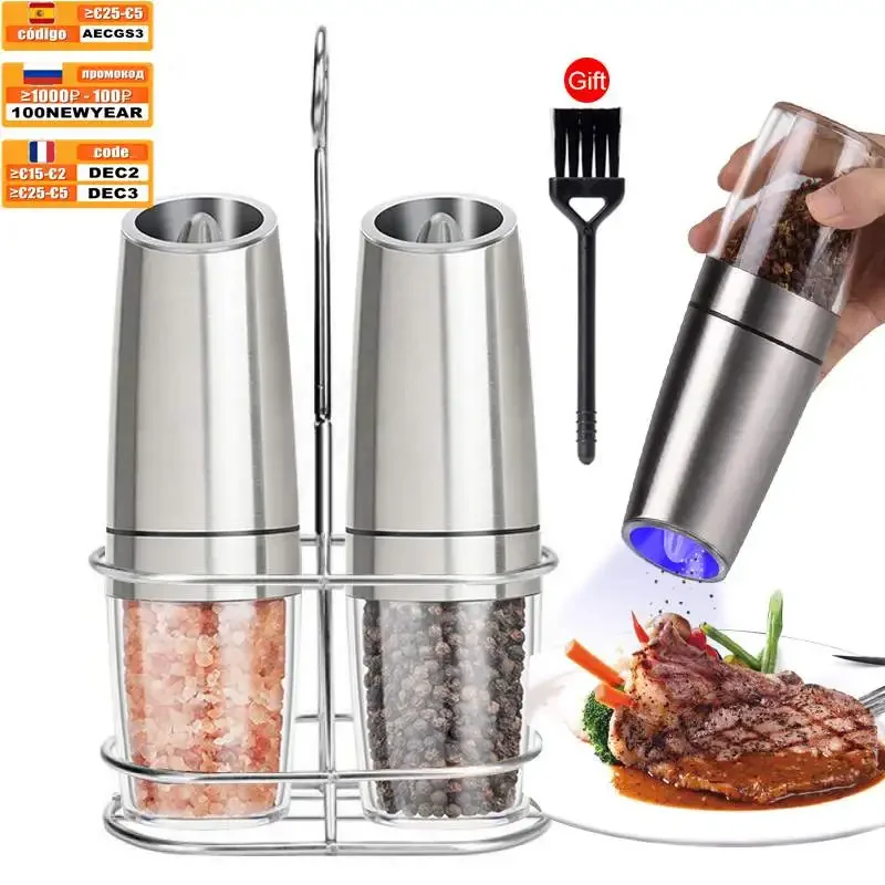 silver battery powered with LED light automatic operation stainless steel gravity electric mill pepper and salt grinder set
