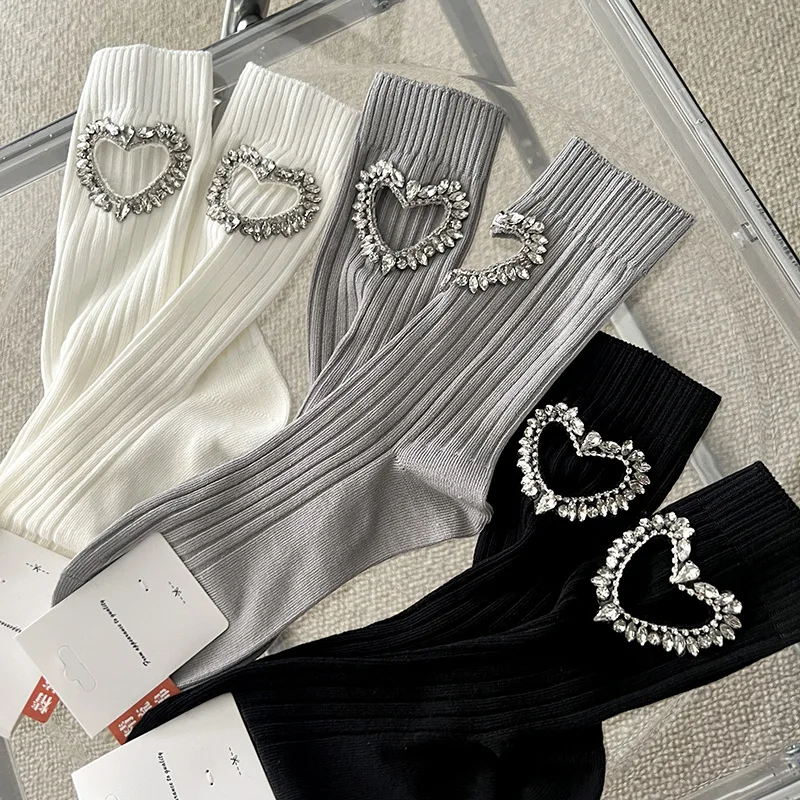 Luxury Glitter Diamond Hollow Heart Socks Women Harajuku Shiny Stockings Autumn Winter Loose Socks Female Mid-tube Cotton Socks