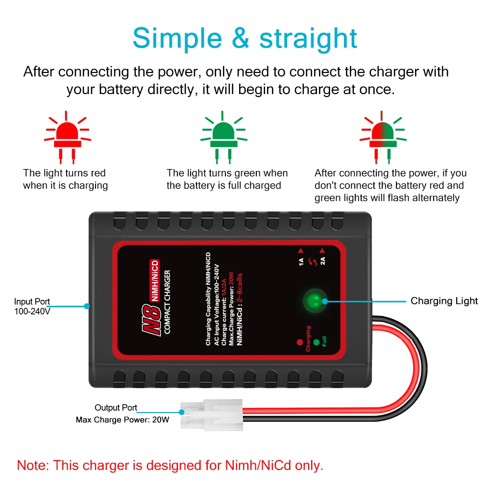 HTRC N8 Nimh Nicd Battery Charger 110-240V 2A 20W AC Compact Charger For 2s-8s Nimh/Nicd Battery With 5 Charging Model RC Toys