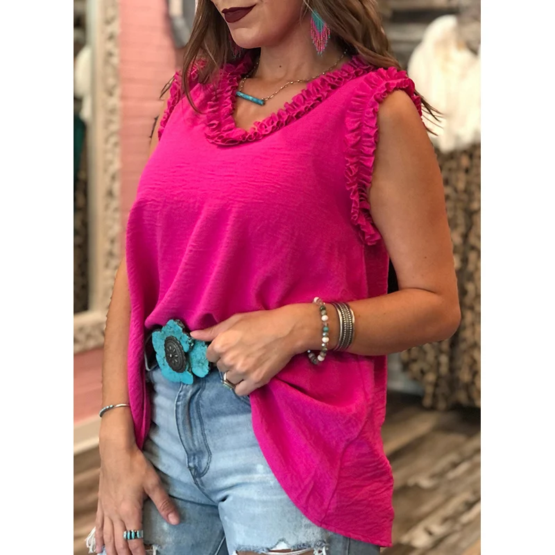 Dear-Lover Wholesale Fast Shipping Rose Frilled Trim Knit V Neck Lady Tank Top Women