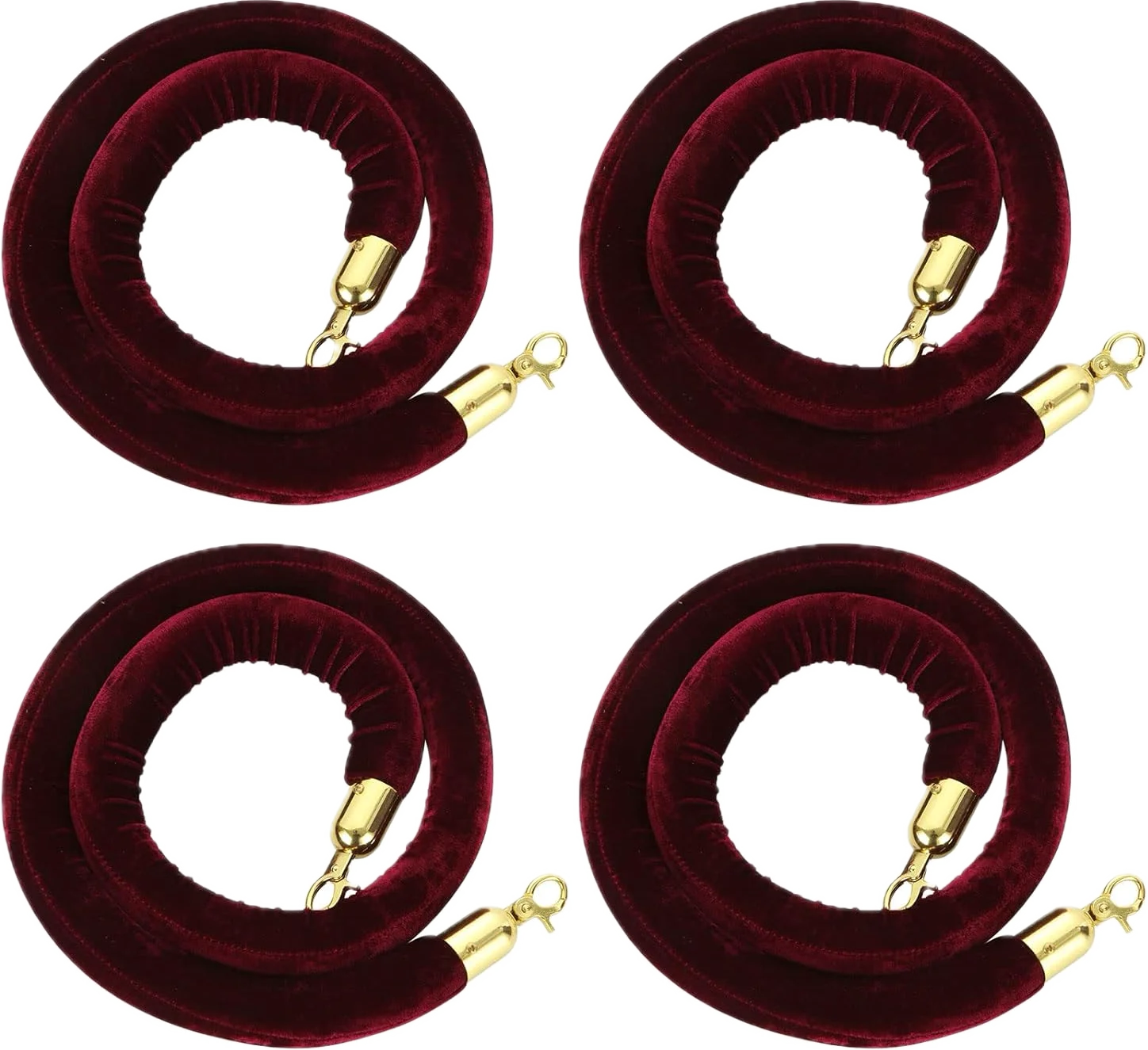 4 Pack Velvet Stanchion Rope, 5 Feet Burgundy Crowd Control Velvet Ropes with Gold Clasps for Party Event and Red Carpet