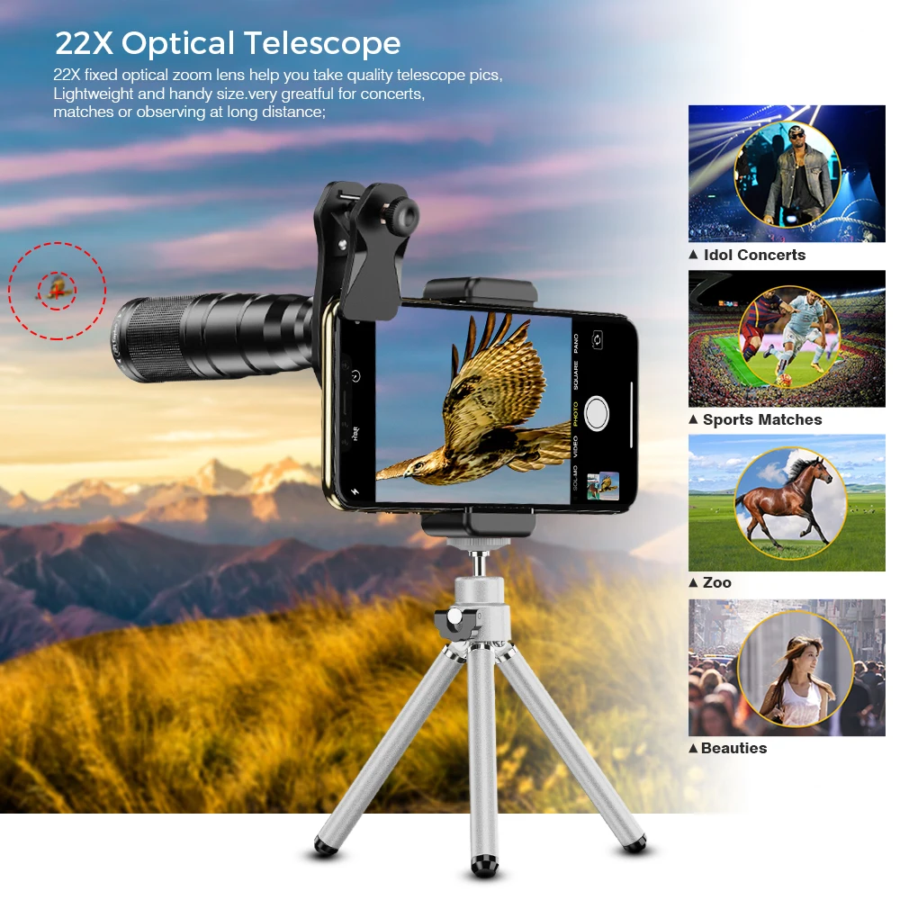 
APEXEL Cell Phone Camera Lens Universal Kit 4 in 1 22X Mobile Phone Monocular Telescope Wide Angle Macro Fisheye Lens for iPhone 