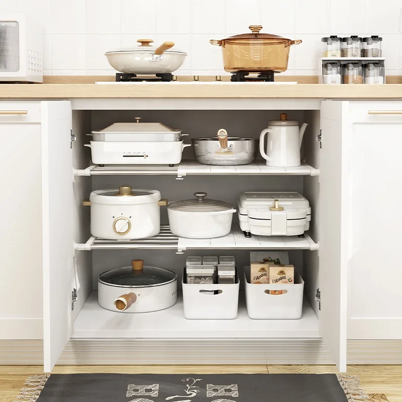 Kitchen Bathroom Extendable Adjustable Telescopic hanging Cupboard Wardrobe Closet Cabinet Storage Organizer Divider Shelf Rack