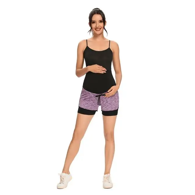 Hot Selling Over Belly Double Layer Maternity Yoga Shorts With Invisible Pockets