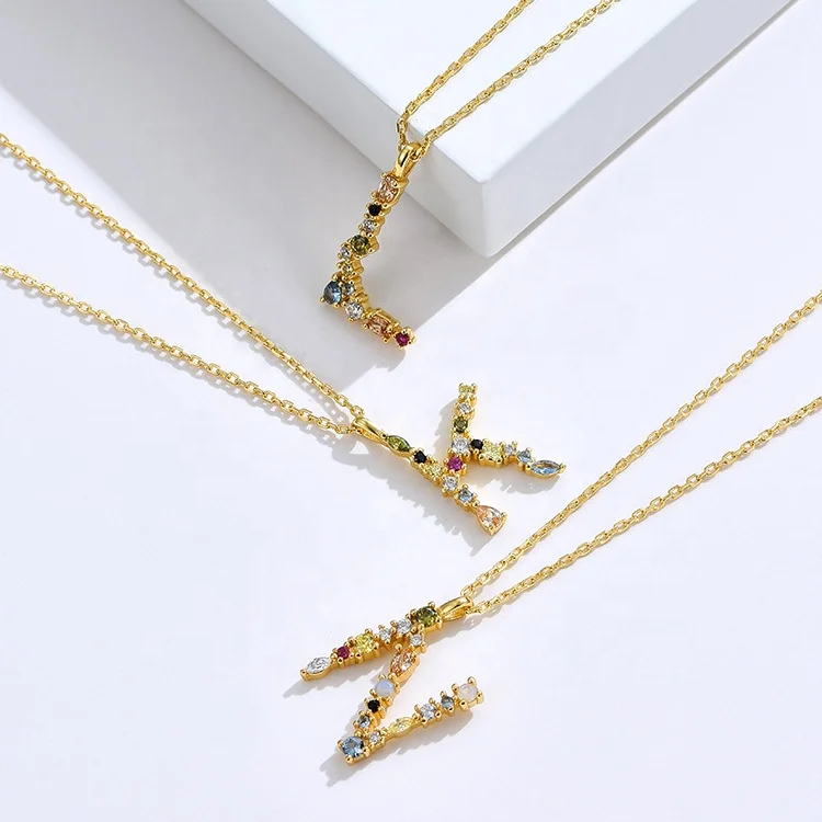 
sterling silver jewelry gold plated 925 silver colorful zirconCZ diy letter necklace custom jewelry woman fashion pendant 