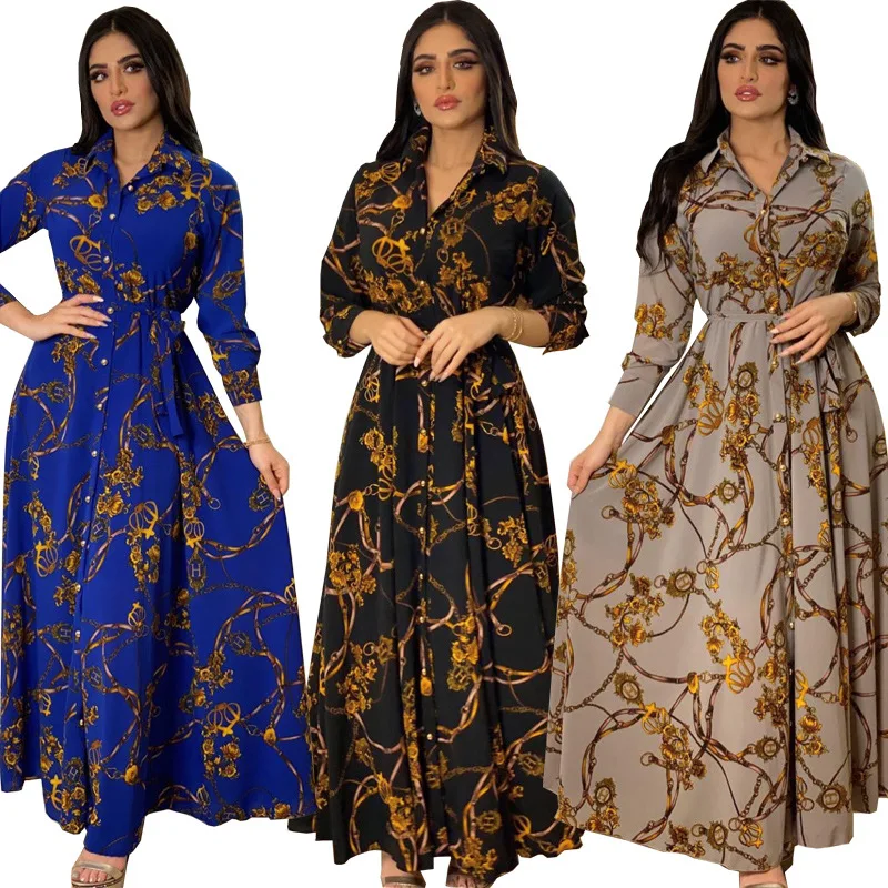 Latest Design Middle East Muslim Dress Vintage Print Large Swing Skirt Shirt Dress Elegant Casual Dresses