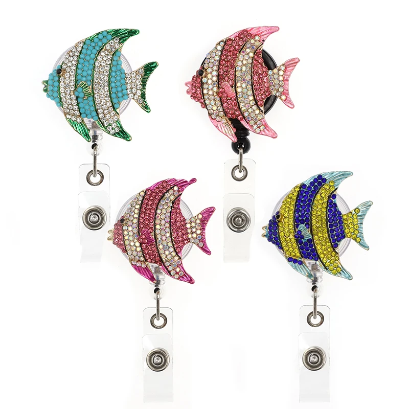Enamel Fish Badge Holder  Gift Bling Fish Shaped Rhinestone Retractable Badge Reel For Nursing Student Decoration